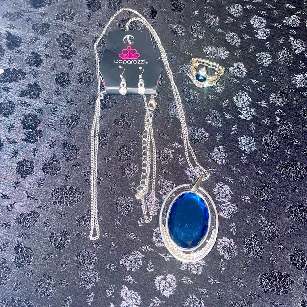 Royal Blue and Silver Paparazzi long necklace and ring